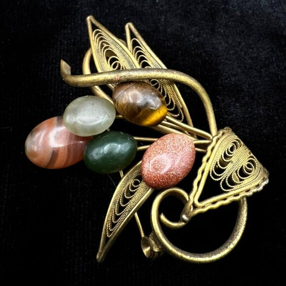 Vintage 1960's Semiprecious Stones Goldtone Filigree Floral Spray Brooch - Picture 5 of 5